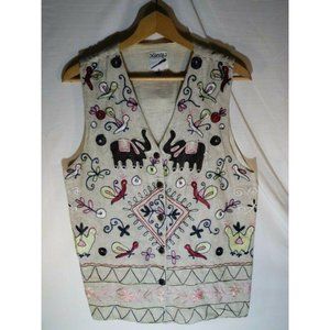 Xinqu Beige Vest Women's Size Medium Elephants Birds Flowers